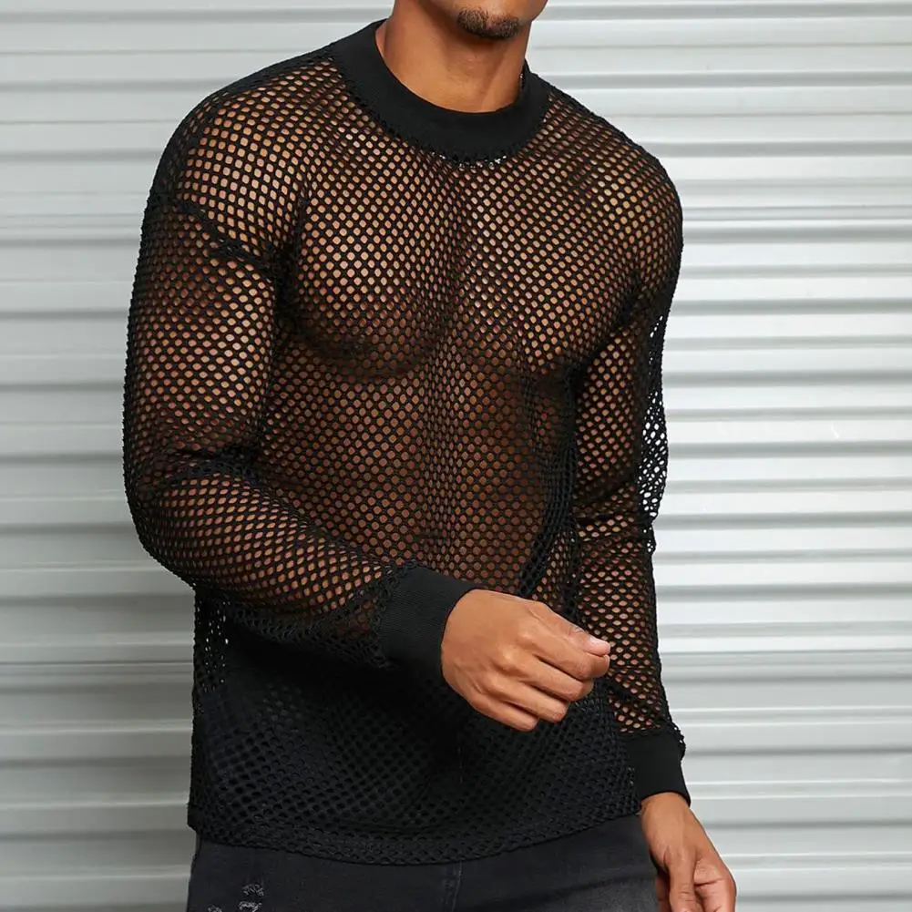 Men Shirt Men's Hip Hop Mesh Fishnet Clubwear Top Solid Color Round Neck Long Sleeve See-through Pullover For Men Comfortable