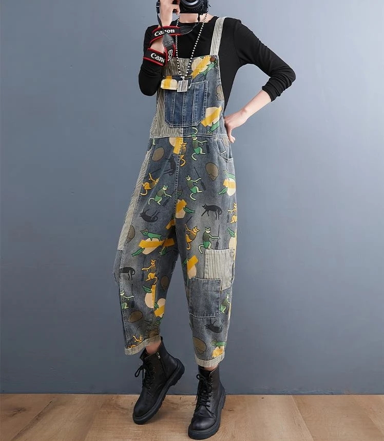 Spring Autumn Women Denim Jumpsuit Elegant Suspenders Vintage Floral Overalls Elegant Loose Female Jeans Rompers