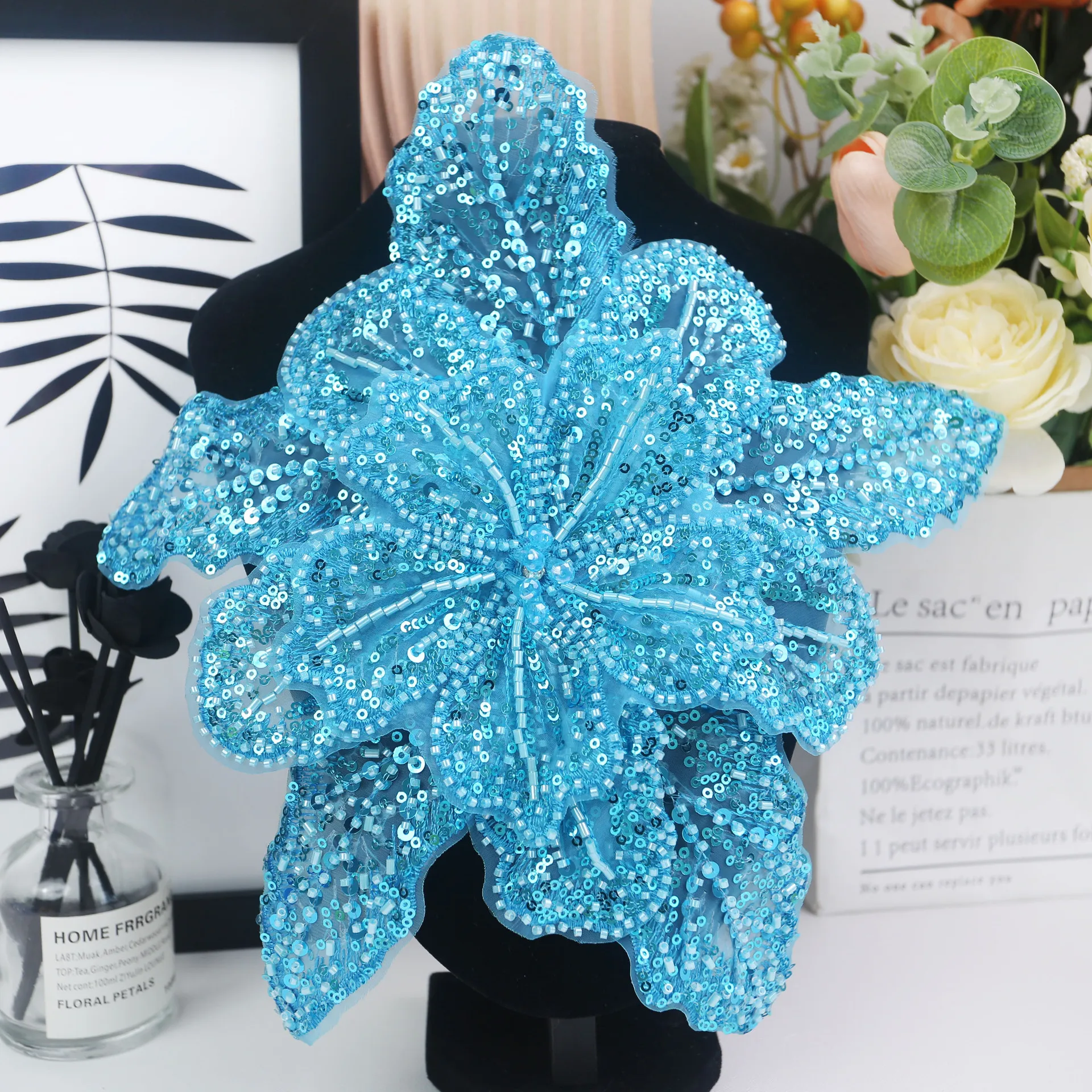 White Multi-layer Lace Sequin Studded 3D Flower Patch DIY Clothing Decorative Applique Sweater Coat Accessories