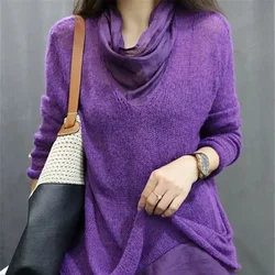 Fashion Spliced Mohair Pullover Women Causal Purple Womens Wool Sweater Autumn Winter Stacked Collar Cashmere Tops
