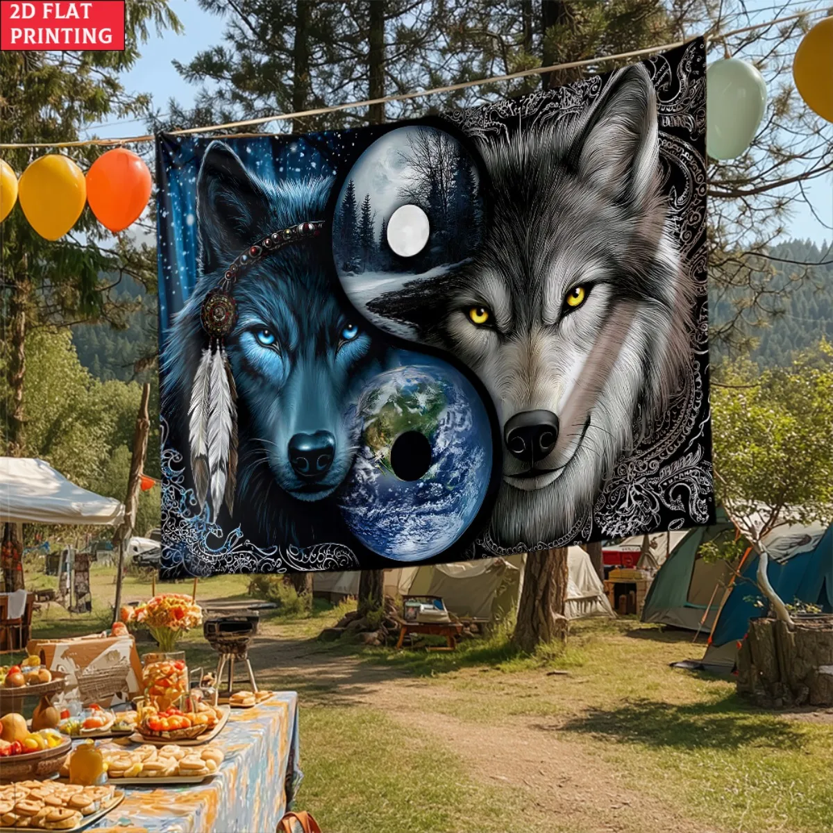 unframed Wolf yin yang moon earth tapestry living room wall art spiritual animal print native american tribal design cosmic bala