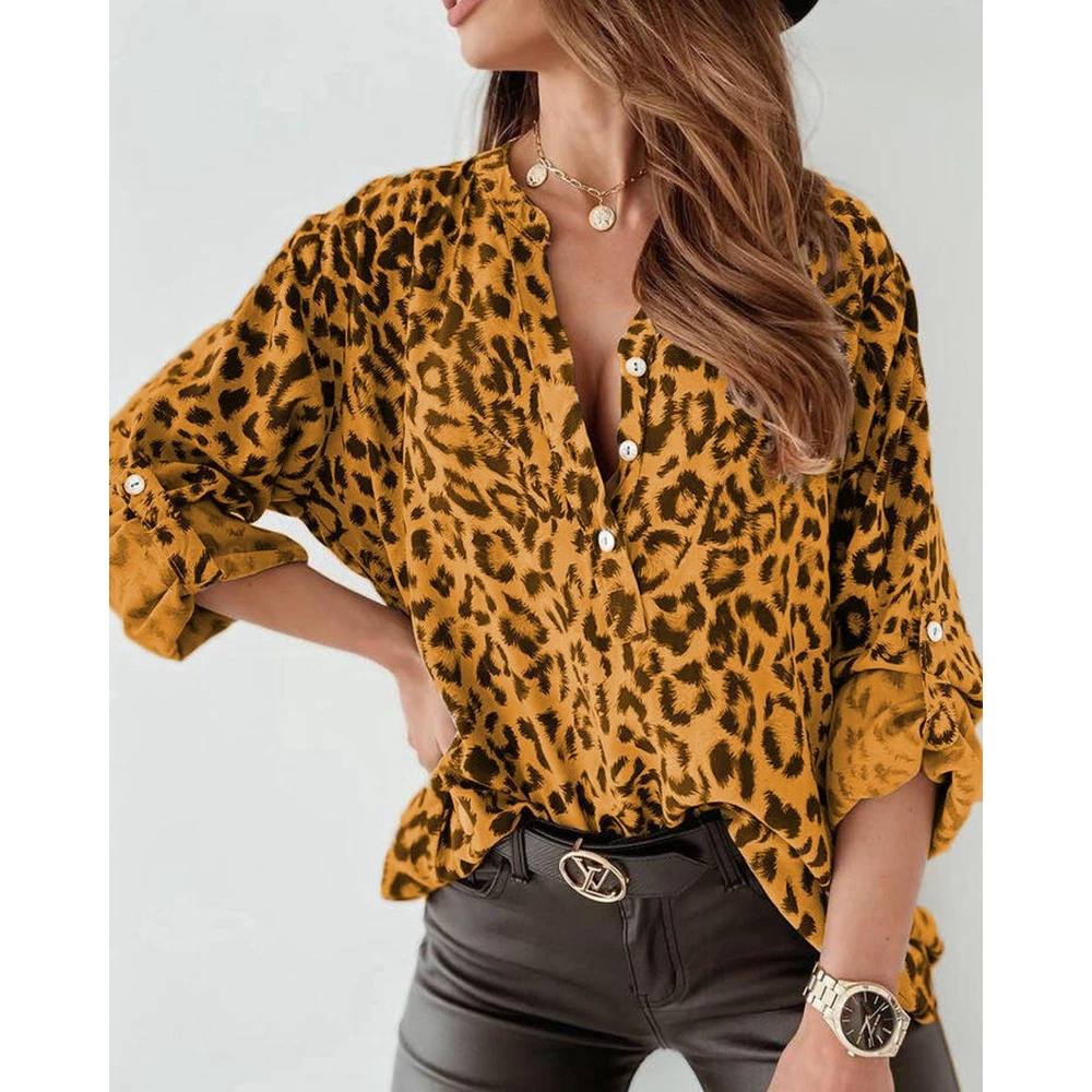 

Women Leopard Print Roll Up Long Sleeve Casual Buttoned Design Top Blouse Fashion Spring Blusas Elegant Outwear Shirts Traf