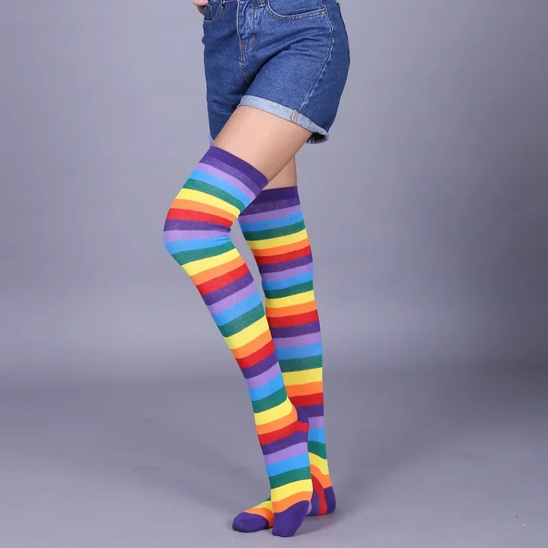 Colorful Rainbow Stockings Cotton Striped Lengthened Plus Size Over The Knee Long Socks Stage Performance Cosplay Accessories