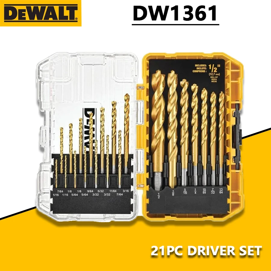 

DEWALT DW1361 Titanium Nitride Coated Drill Bit Set Pilot Point 21Pcs High Strength Electric Drill Bit Woodworking Twist Drill