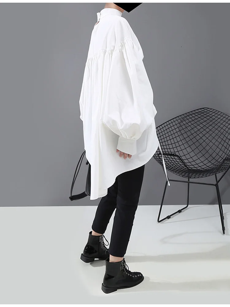 [EAM] Women Back Long Drawstring Big Size Blouse New Satnd Collar Long Sleeve Loose Fit Shirt Fashion Spring Autumn 2024 1N242