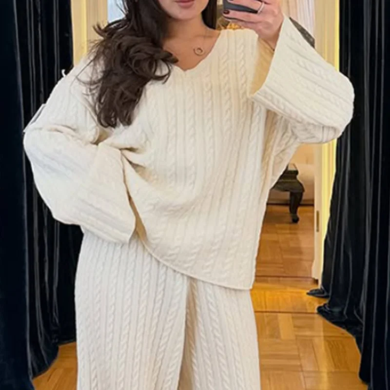 Womens Stylish Cable Knit Loungewear Set V Neck Long Sleeve Loose Sweater And Wide Leg Pants Two Piece Outfit Daily Going Out
