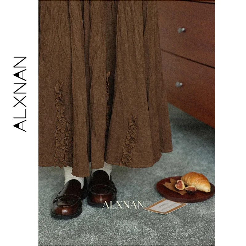 ALXNAN Brown Skirt Ruffled Pleated Artistic Vintage Women's Long Skirts 2026 Fall Winter Elegant Fashion Female Clothing L59517