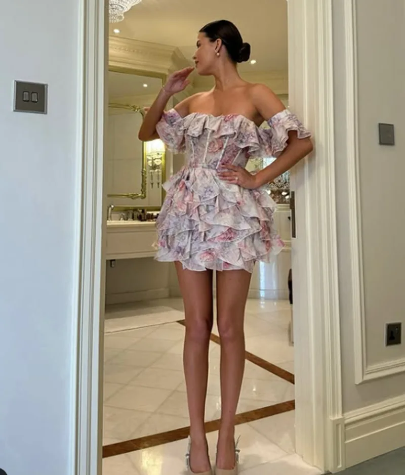 Off Shoulder Ruffle Dress Evening Club Wear Chiffon Dresses 2025 Women Summer Vintage Outfits Sexy Bodycon Pleated Mini Dress