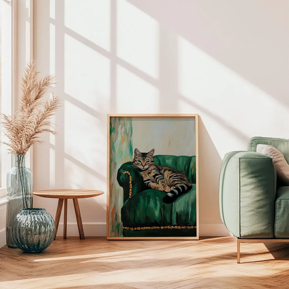 Retro Tabby Cat in Green Armchair Wall Print Decor - Elegant Feline Oil Painting for Classic Living Room Accent, Timeless Bedroo