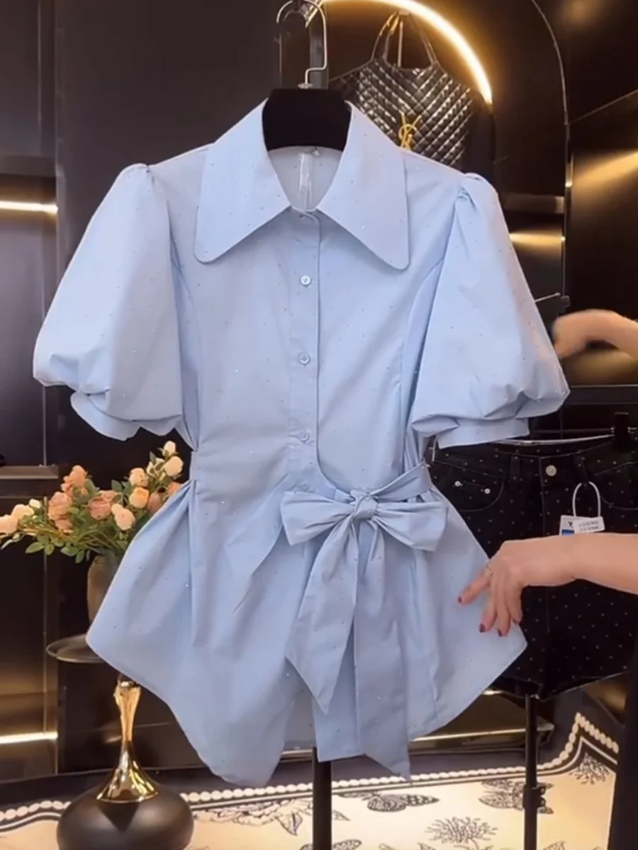 

plus Size Collar Bubble Sve irt Women Summer Unique Design Knot Waist Cinching Slim ort Sve Top