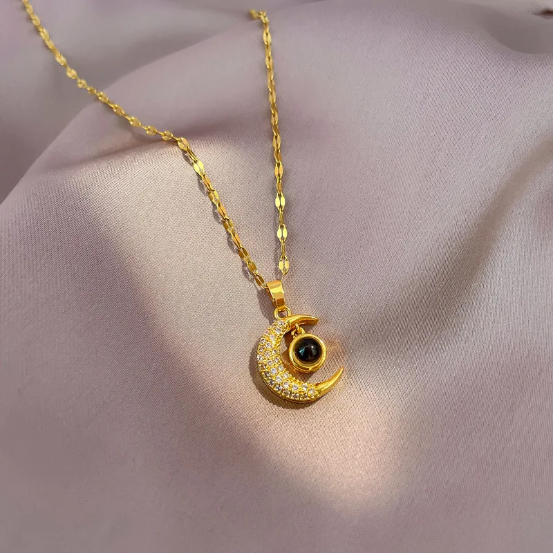 Romantic 100 Languages I Love You Jewelry Stainless Steel Clavicle Chain Crystal Zircon Moon Pendant Necklaces
