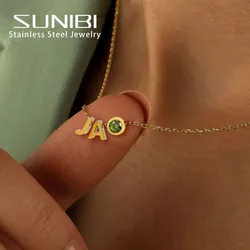 SUNIBI DIY Birthstone Name Customized Necklace 26 Letter Side Pendant Necklace for Women Birthday Gift