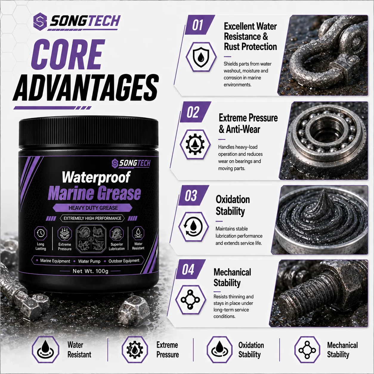 50g/100g Waterproof Marine Grease Boat Trailer Wheel Bearing Grease Salt Water Resistant Lubricant for Boats Fishing Kayaks