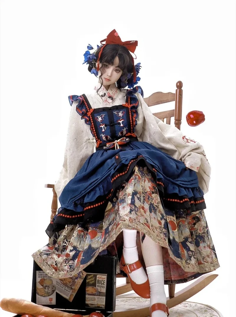 

Праздничное элегантное платье в стиле Лолиты Hanfu с изображением лошади, плетение золотого цвета, имитация макияжа, сладкий красивый костюм, зимняя китайская одежда