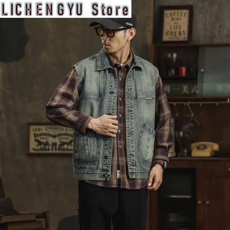 

Американский ретро джинсовый жилет, мужской свободный крой, универсальная рабочая одежда, новый стиль, молодежное модное весенне-осеннее пальто, жилет для мужчин