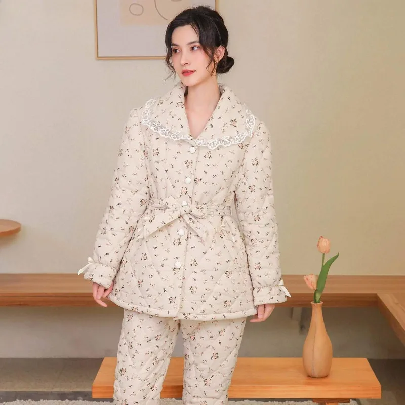 Women's Winter Small Floral Slimming Three-layer Cotton-padded Thick Pajamas and Home Wear Can Be Worn Outside Comfort Keep Warm