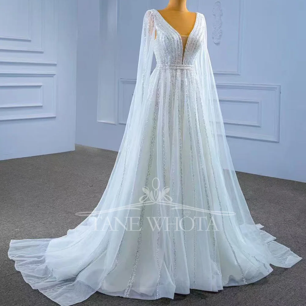 V넥 롱 슬리브 레이스업 백 시퀸 웨딩드레스 2025 스타일 섹시 브라이덜 가운 맞춤 제작 가능 베스티도 노비아