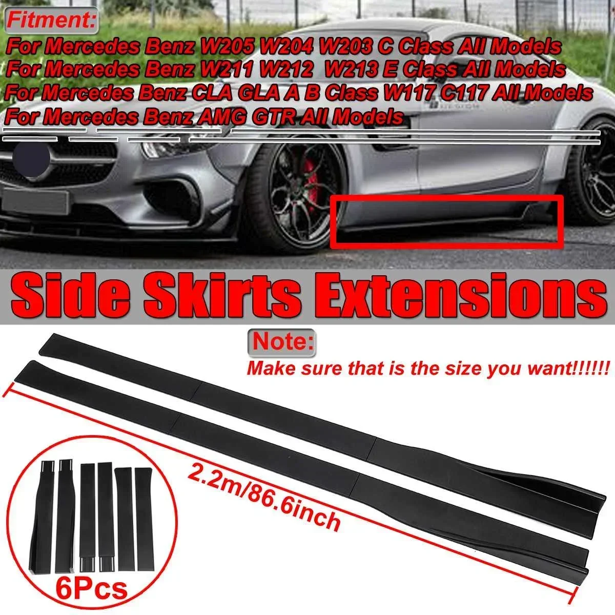 Matte Black 2.2m Universal Car Side Skirt Extensions For BENZ W205 W204 W117 C117 For AMG For GTR Side Skirt Splitters Wnglet