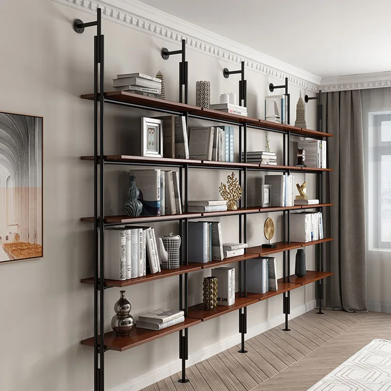 Wrought iron bookshelf Floor-to-ceiling solid wood Bookshelf Living room partition shelf Full wall