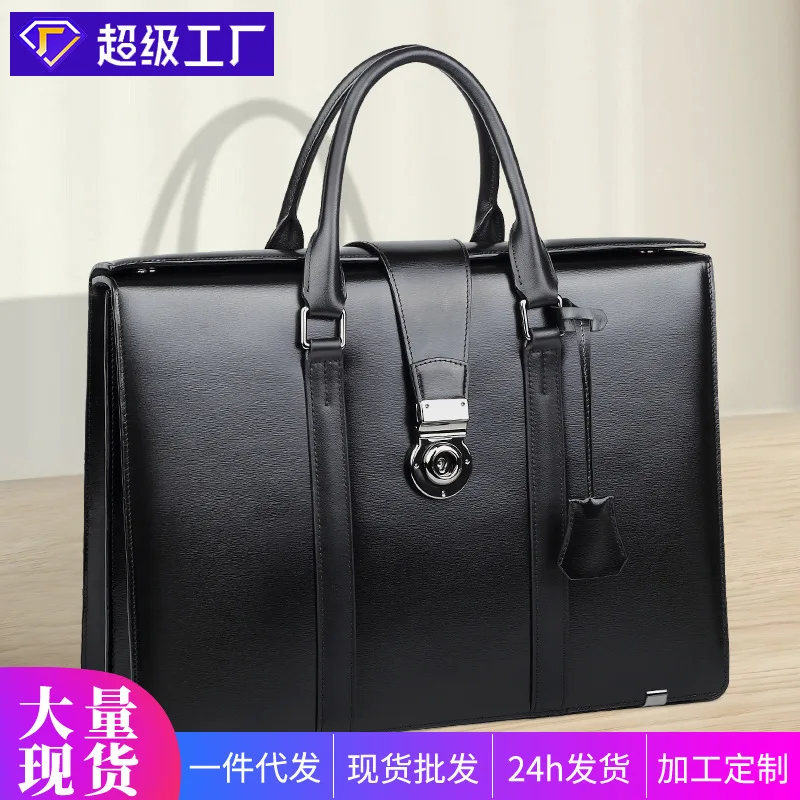 New Genuine Leather Bag With Combination Lock, Briefcase For Commuting And Business, Large Capacity Cowhide Men's Handbag