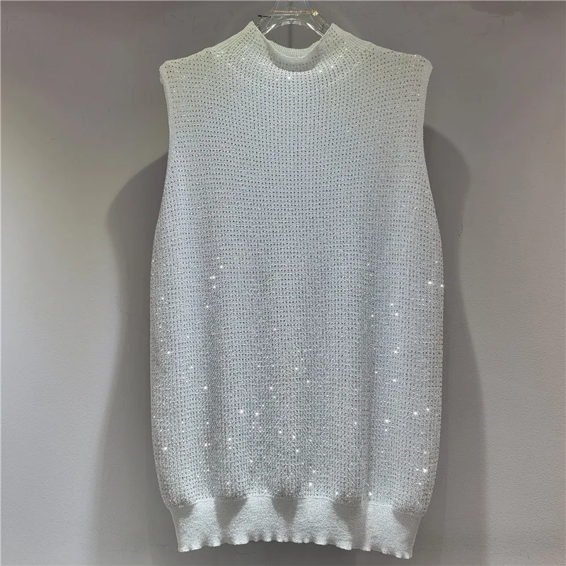 HKSH 2026 Summer New Women Knitted Vest Half-turtleneck Studded Diamonds Sleeveless Sexy Punk Chic Luxury Dance Tank Top HK18492