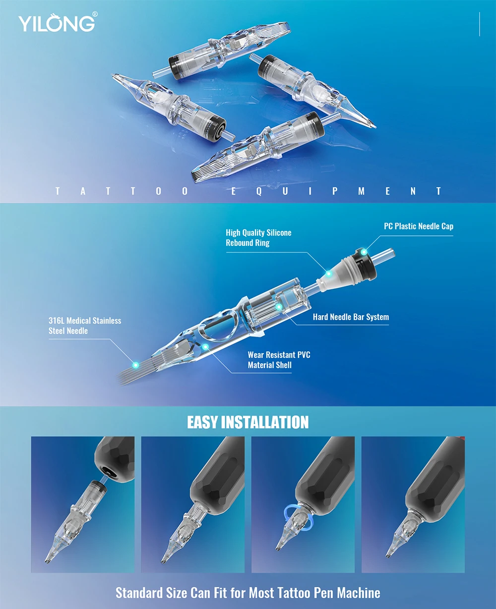 

YILONG 10PCS Transparent needle Professional Tattoo Needles with Membrane Safety Cartridges Disposable Tattoo Needle For Tattoo