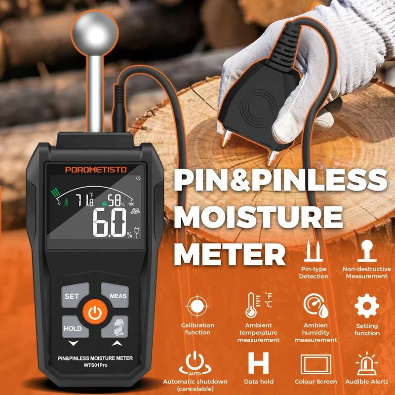 2IN1 Digital Wood Moisture Meter Pin&Pinless Wood Humidity Tester 0~99.9% Timber Damp Wood Detector with LCD Display Hygrometer