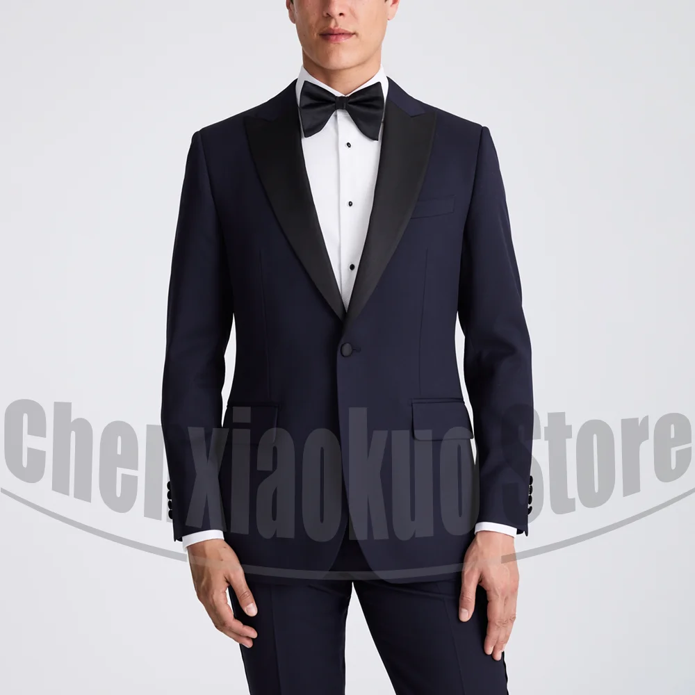 

Men Suits Navy Blue Fashion Peak Lape One Button Tuxedos Chic Party Prom Groom Wedding Male Suit 2 Pieces (Blazer+Pants)