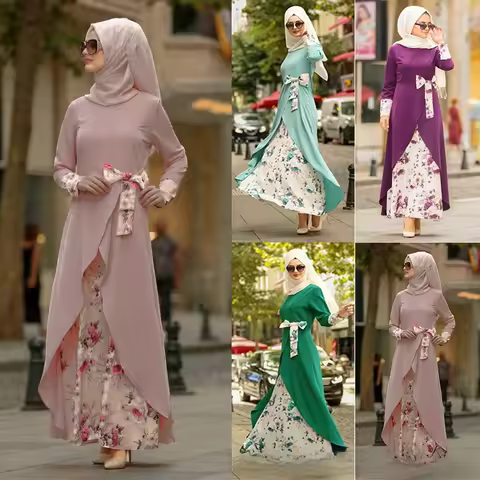 Muslim Dubai Abayas Women Dress Ramadan Robe Patchwork Floral Printing Evening Long Dresses Slim Ladies Traditional Clothing