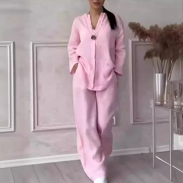 

Стильный комплект из двух предметов: брюки и топ из хлопка и льна, повседневный домашний костюм для женщин, свободный крой