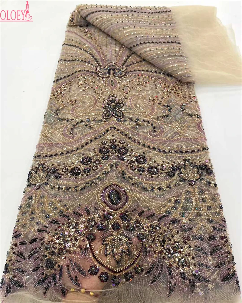 OLOEYUltimo tessuto di pizzo africano con paillettes Tessuto di maglia con perline ricamate in pizzo di alta qualità 5 metri per le donne Festa di nozze Dre