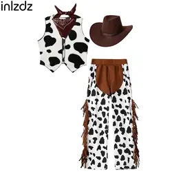 Cowboy Cowgirl Halloween Cosplay Costume Cow Printed Vest with Fringed Pants Bandanna and Western Hat for Dress Up Party Outfit