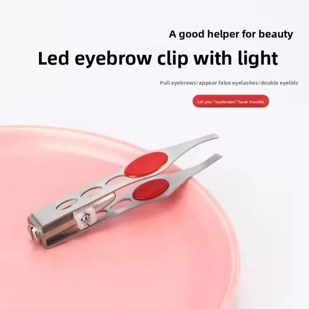 Stainless Steel LED Eyebrow Tweezers Angle Mouth with Light Eyebrow Trimming Clip Removal Oblique Tip False Eyelashes Curler