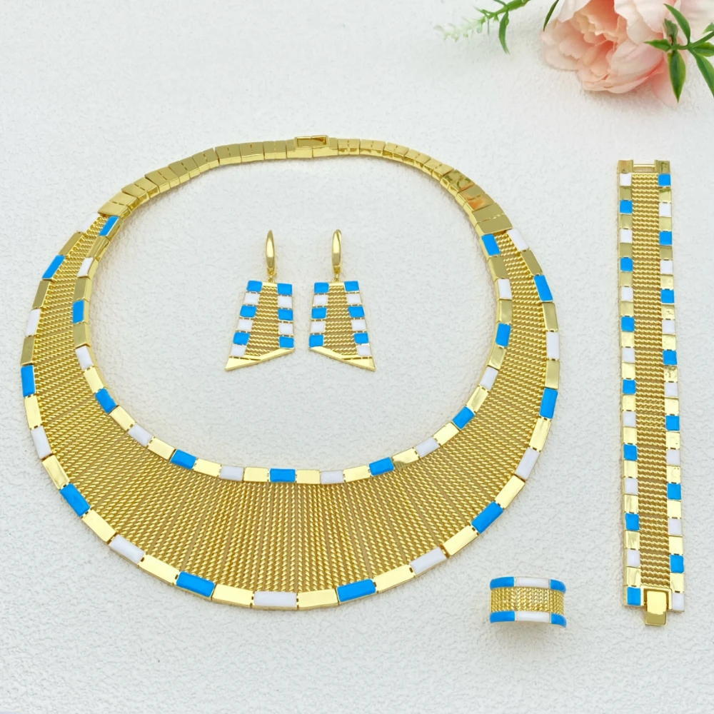 

Flora New Fashion Oil Drip Design Jewelry Set Simple Gold Plated Zircon Earring Necklace Bracelet RingWomen's Accessories