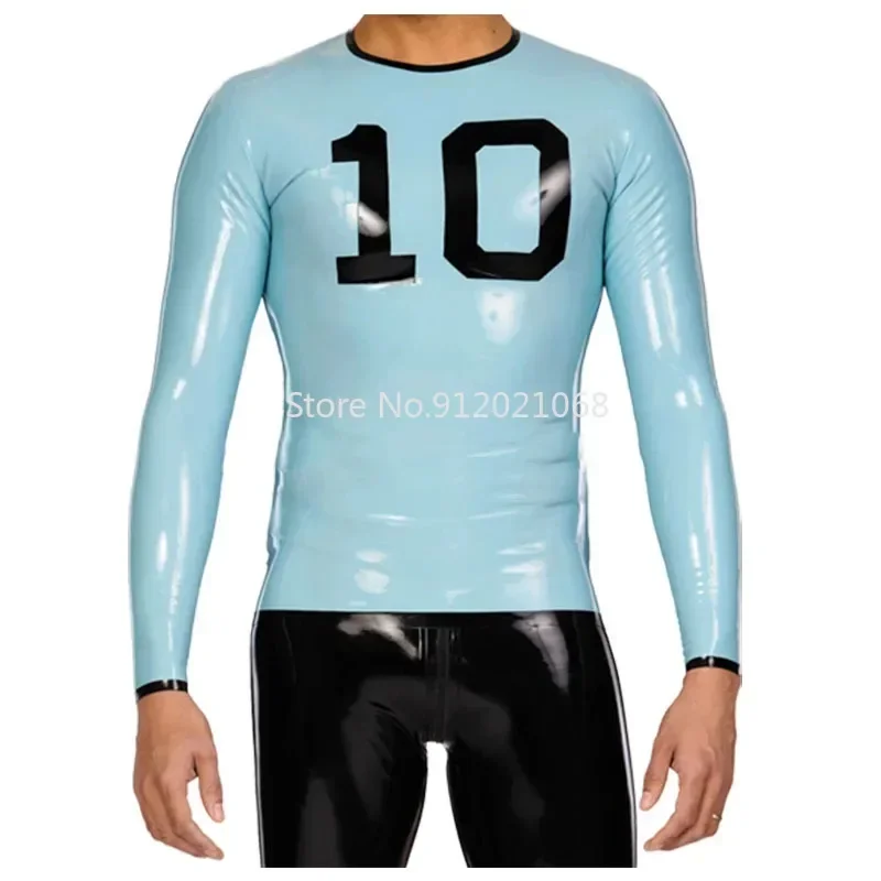 

Handmade Long Sleeve Top Sky Blue Latex T-shirt Sport Style Men's and Front with NO.10 Decorations