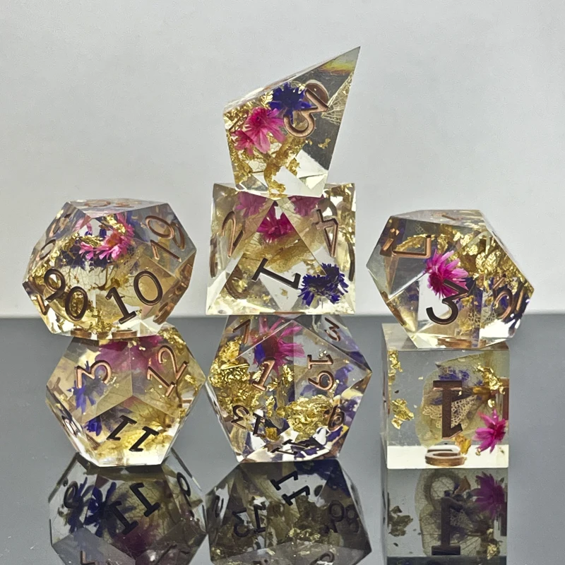 7Pcs Resin material dice Dried flower series Polyhedral multi-color digital decorative game Party board game Entertainment dice