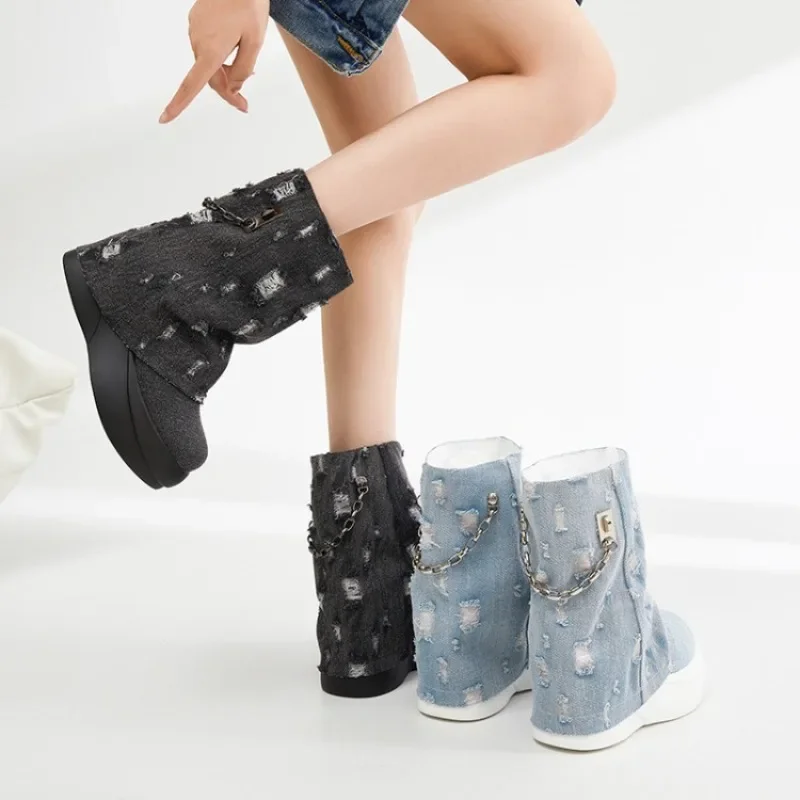 Blue Washed Denim Hollowed Out Short Boots 2023 Autumn New Versatile High Top Women Shoes with Broken Holes Winter Cotton Shoes