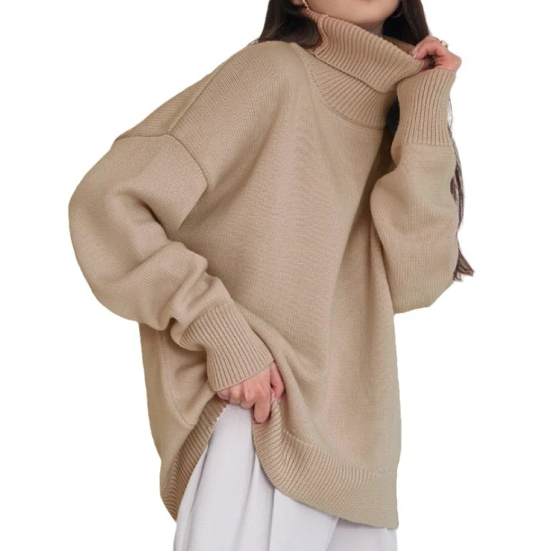 เสื้อสเวตเตอร์คอเต่าสีพื้นสวมใส่สบายสำหรับผู้หญิง ทรงหลวม ถักนิตติ้ง สำหรับฤดูใบไม้ร่วงและฤดูหนาว สินค้าส่งออกต่างประเทศ