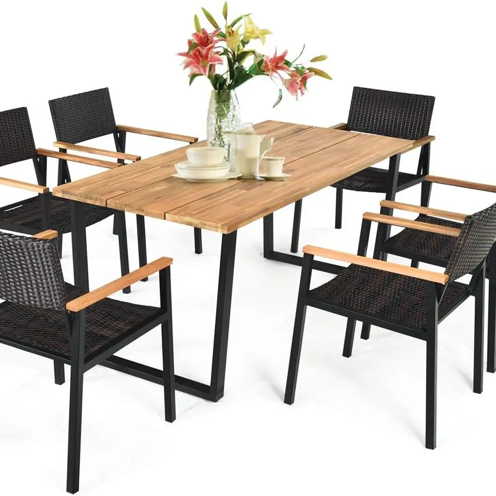 

Outdoor 7-Piece Dining Set: Acacia Wood Rectangle Table with Rattan Chairs and Steel Frames, Including Umbrella Hole for Garden