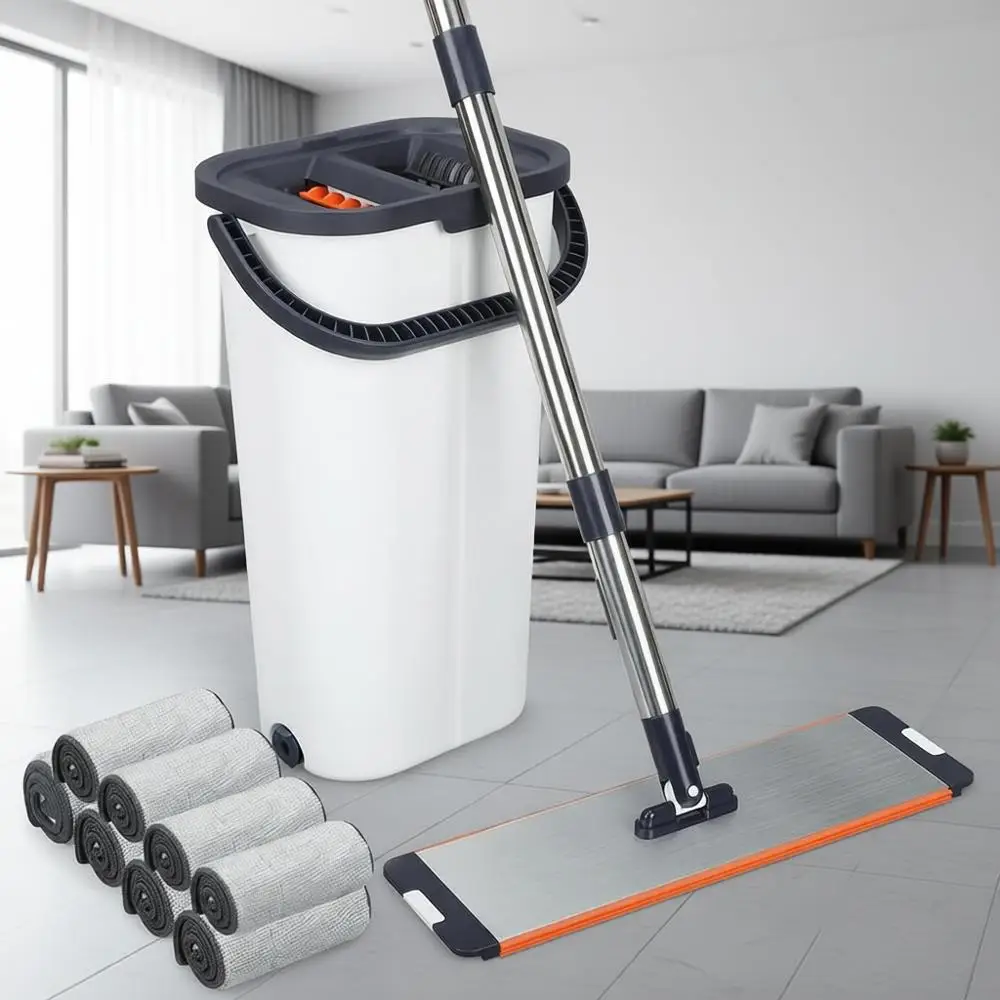 

Washable Mop and Bucket with Wringer Set, 2-Chamber, Wet and Dry, All Surfaces, 8 Reusable Microfiber Mop Pads 13 inch (16 Inch)