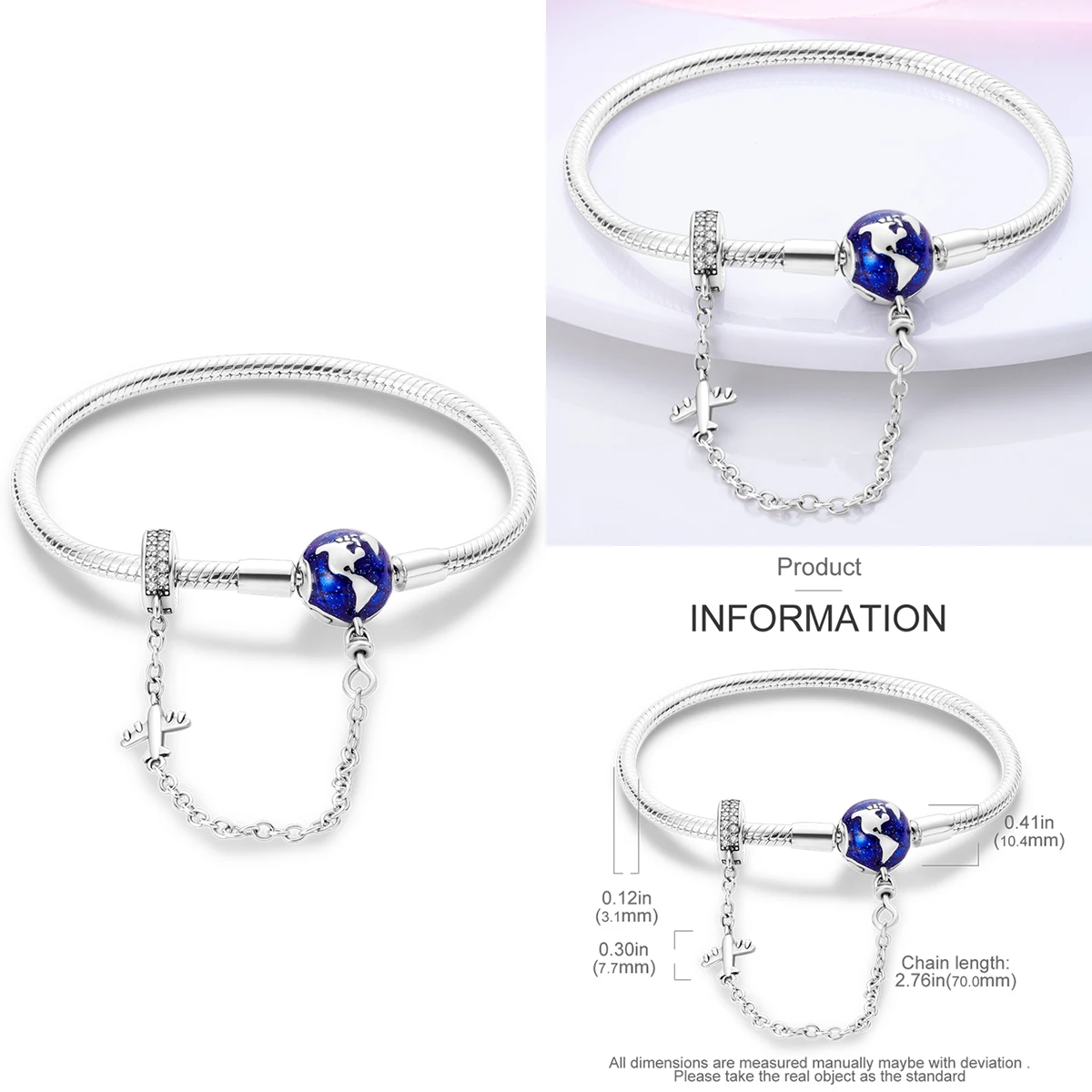 

Original 925 Sterling Silver Blue Earth Plane Travelling Bracelets Safety Chain for DIY Charm Bead Women Jewelry Birthday Gift