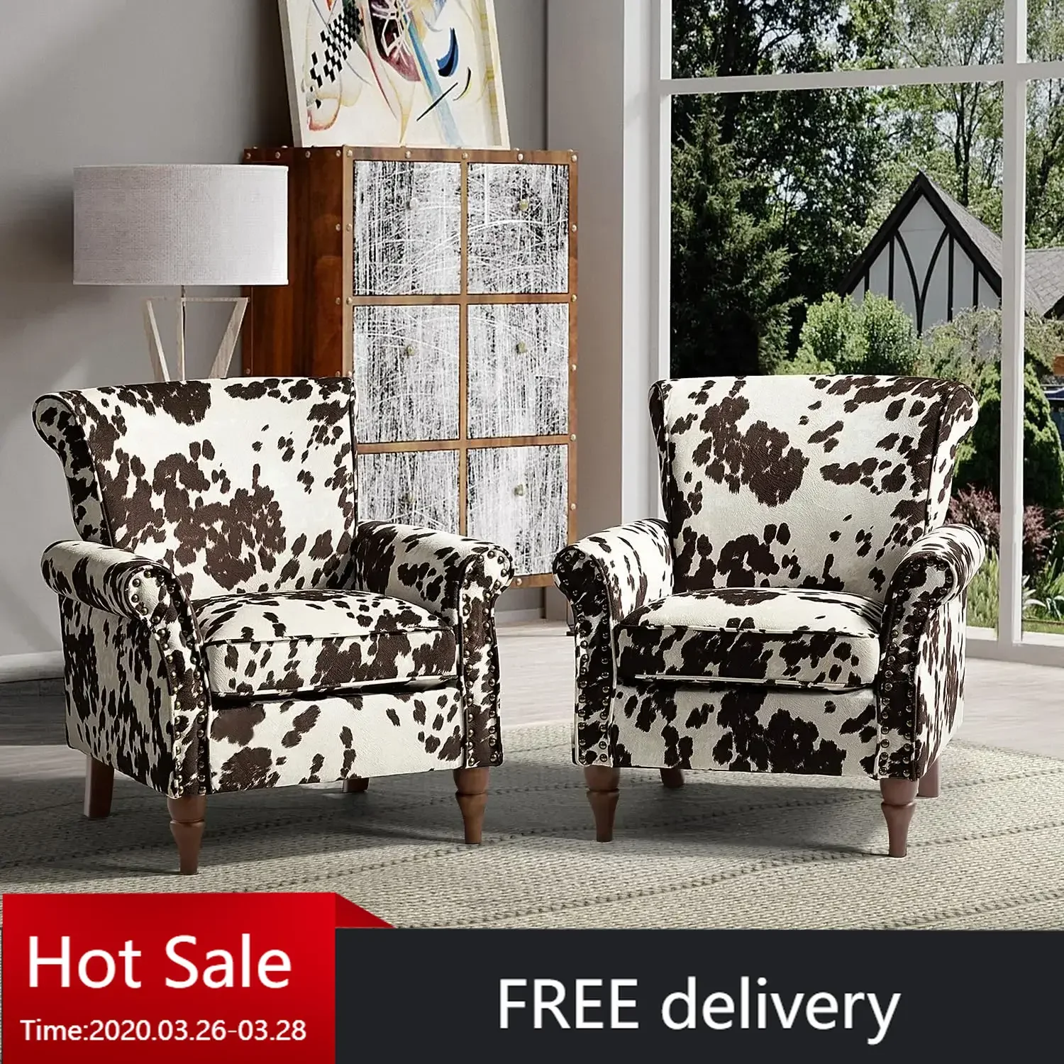 Modern Wingback Accent Chairs Set of 2 w/ Wood Legs & Removable Cushion, Comfy Upholstered Armchairs with Nailhead Trim, Cowhide