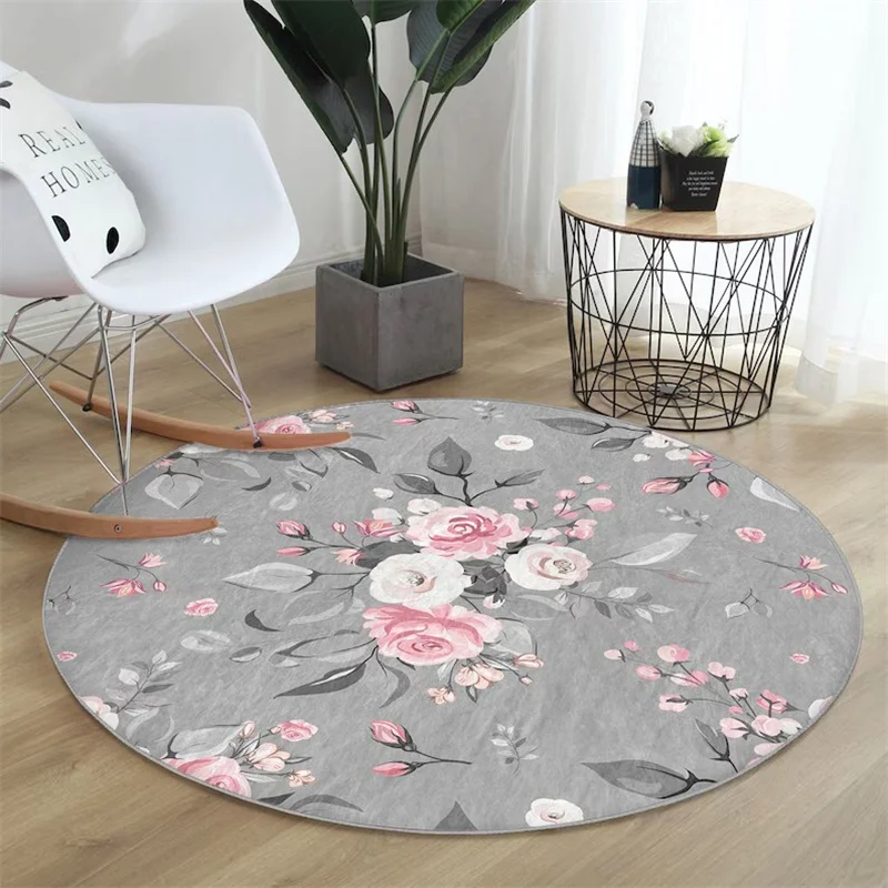 Rose Round Rug Floral Floor Carpet Flower Circle Rugs Plant Anti Slip Mat Bloom Area Rugs Green Rug for Living Room