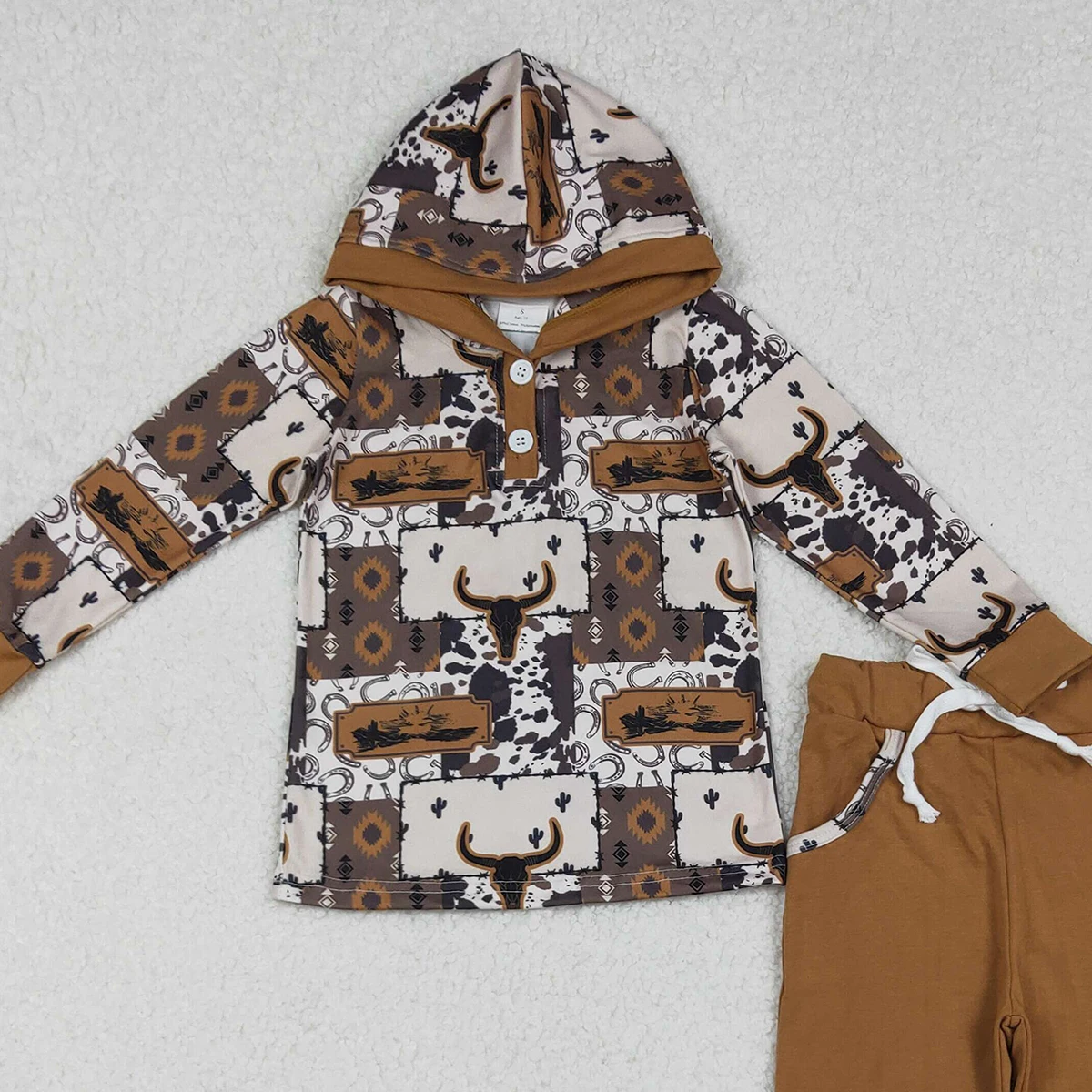 10.20 Baby Boys Winter Clothe Baby Boys Aztec Bull Skull Button Hoodies Pockets Pant Western Clothes Sets