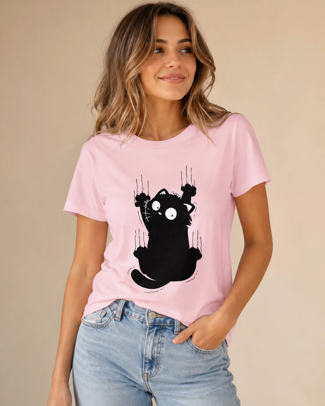 Fun Climbing Cute Cat Pattern Printed Girl's T-shirt Round Neck Short Sleeve Casual Four Seasons Women's Clothing Top
