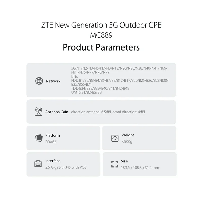 ZTE MC889 5G في الهواء الطلق CPE راوتر ثنائي النطاق شبكة مكبر للصوت ثنائي الوضع NSA/SA كوالكوم SDX62 شرائح WiFi إشارة الداعم