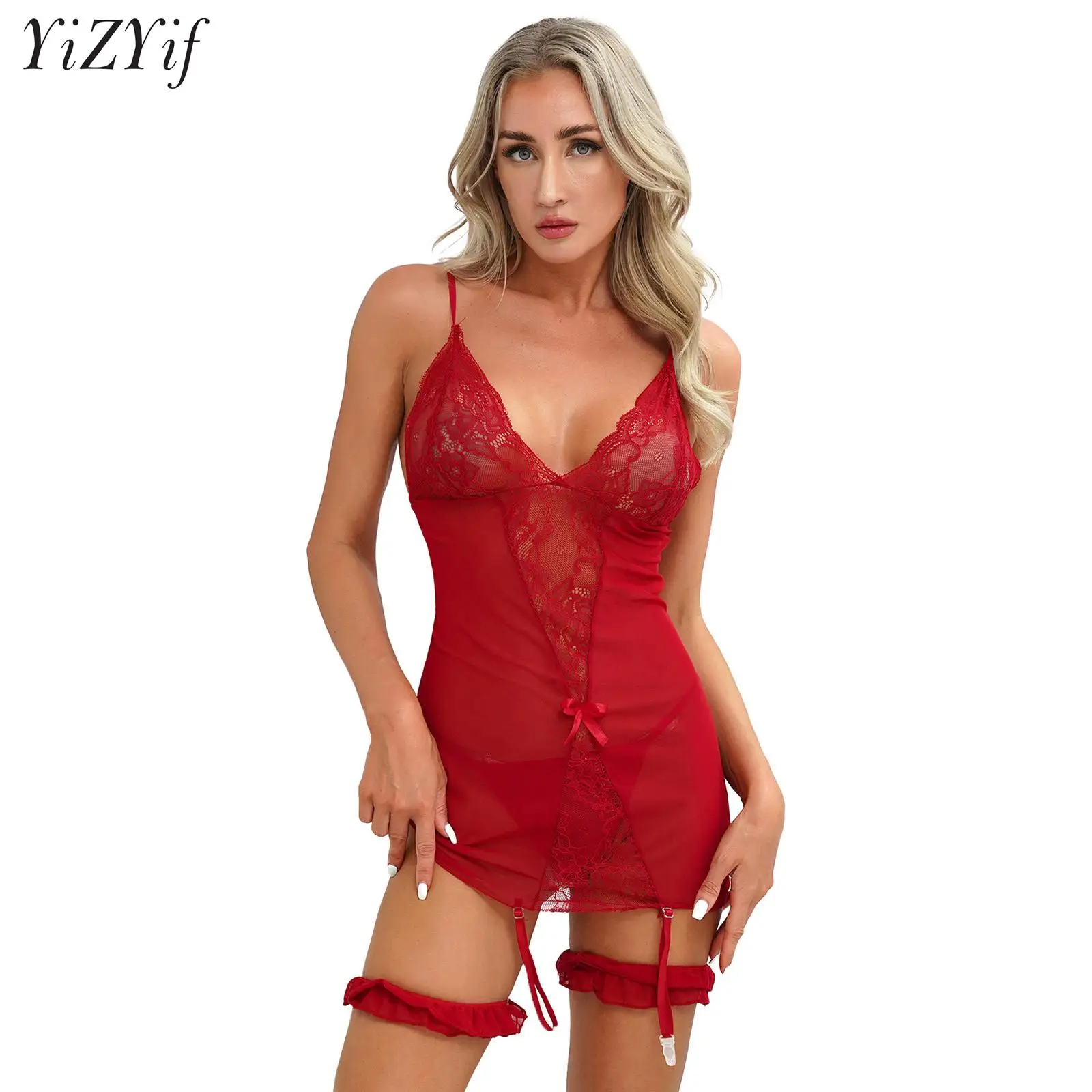 Women Sexy See-Through Lace Lingerie Set Teddy Mini Bodycon Dress V Neck Strappy Chemise with Thong and Leg Ring Pajamas Outfit