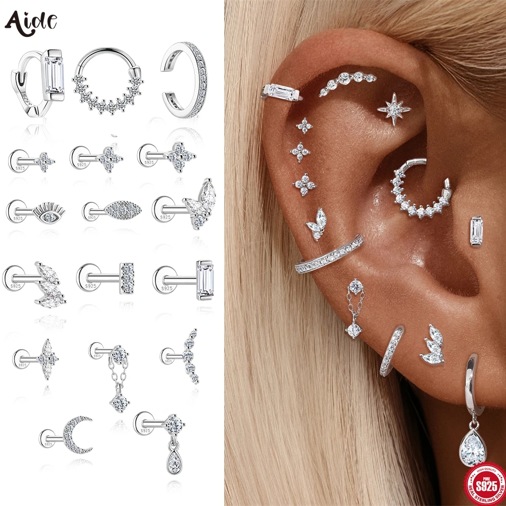 Aide S925 Sterling Silber Vielseitiger Piercing Fit Moissanit Piercing Schmuck Stern Klee Mond Ohrstecker Knorpel Hoops für Frauen