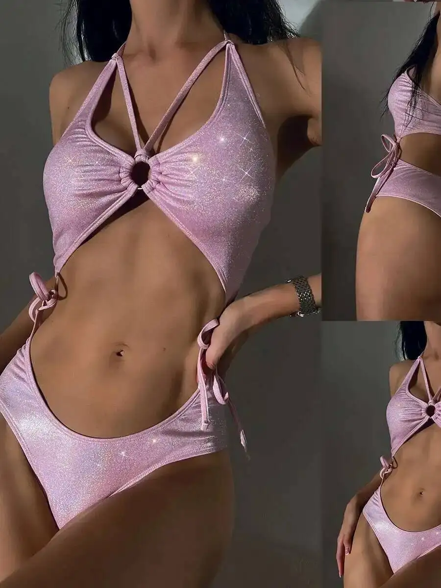 레이스 업이있는 새로운 원피스 수영복 속이 빈 드로우 스트링 바인딩 서스펜더 민소매 비키니 핑크 샤인 매력적인 우아한 JQNO