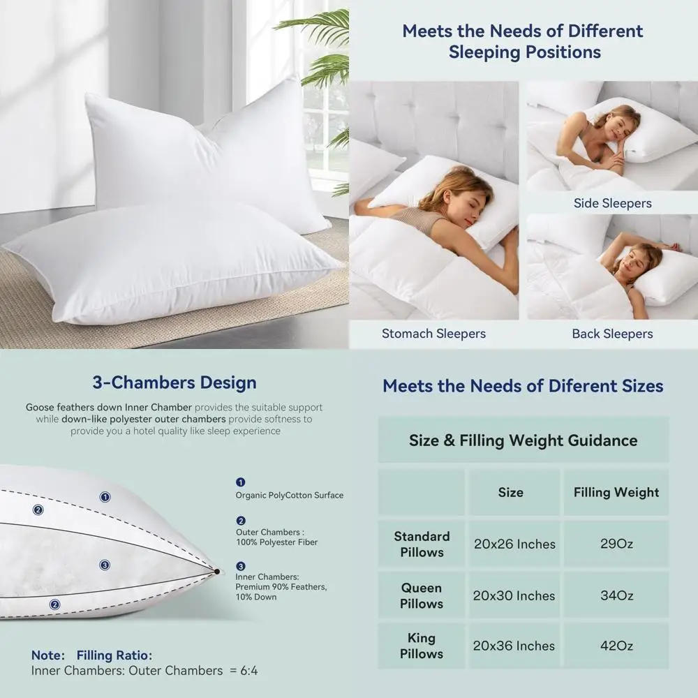 

"Luxury Soft Feather Down Pillow Set of 2 - Standard Size for Comfortable Sleep - Hotel-Quality Bed Pillows"
